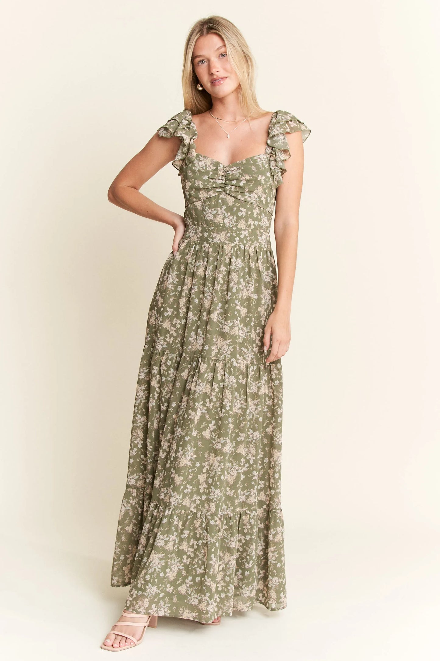 Jade By Jane Sage Green Ruffle Sleeve Tiered Maxi Dress