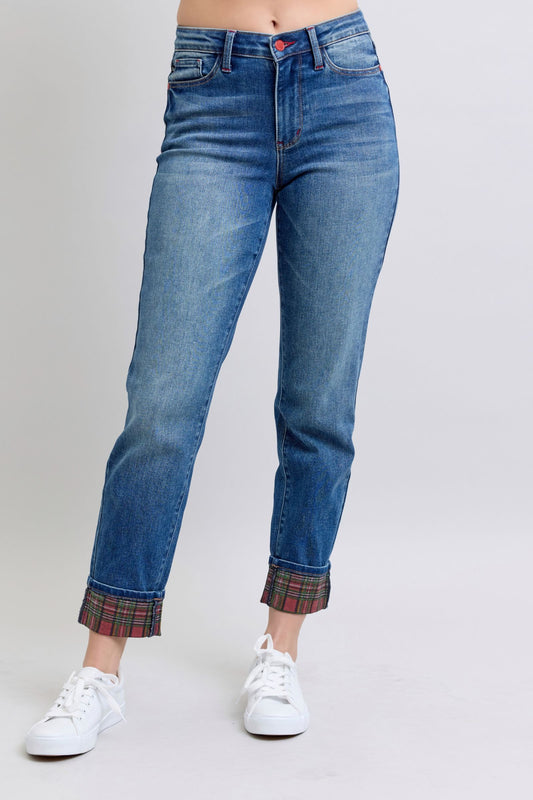 Judy Blue  Plaid Print Cuff Straight Leg Jeans with Pockets