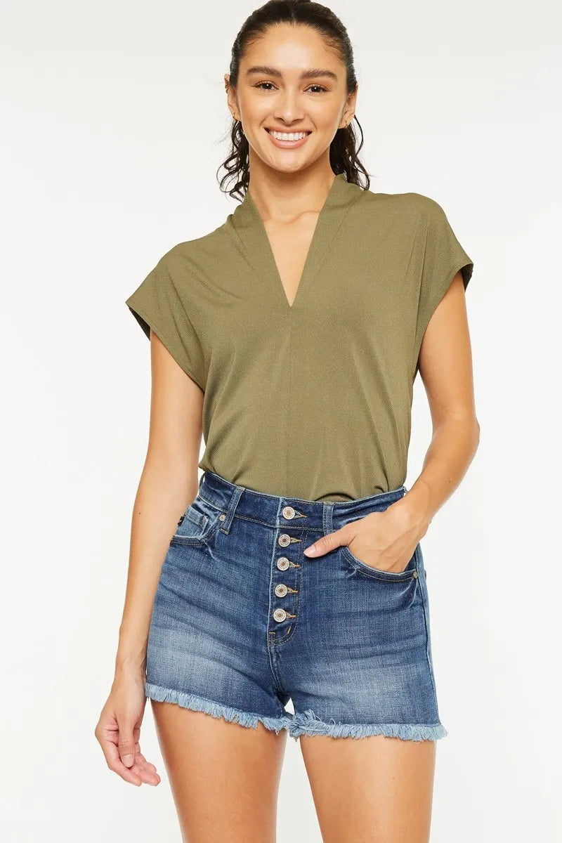 Kancan High Rise Frayed Hem Denim Shorts. Button Fly. Medium Wash