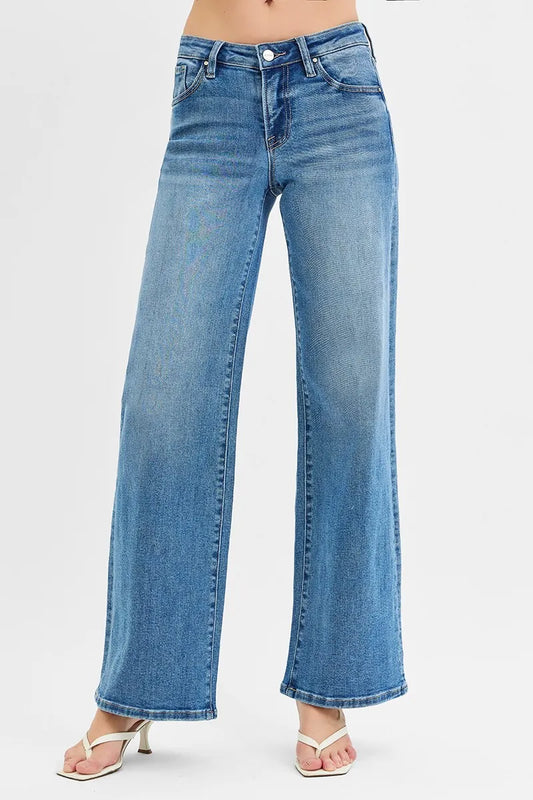 RISEN Low Rise Wide Leg Jeans. Medium Wash.