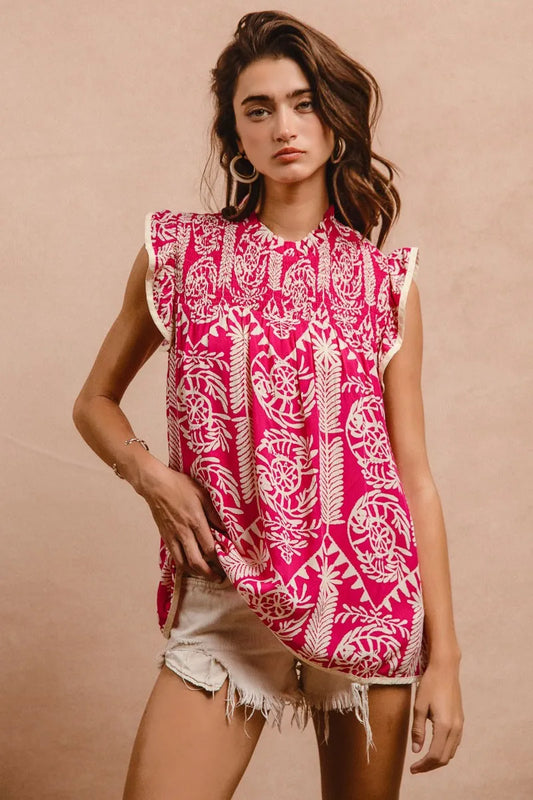 BiBi Pink Printed Ruffle Sleeve Top