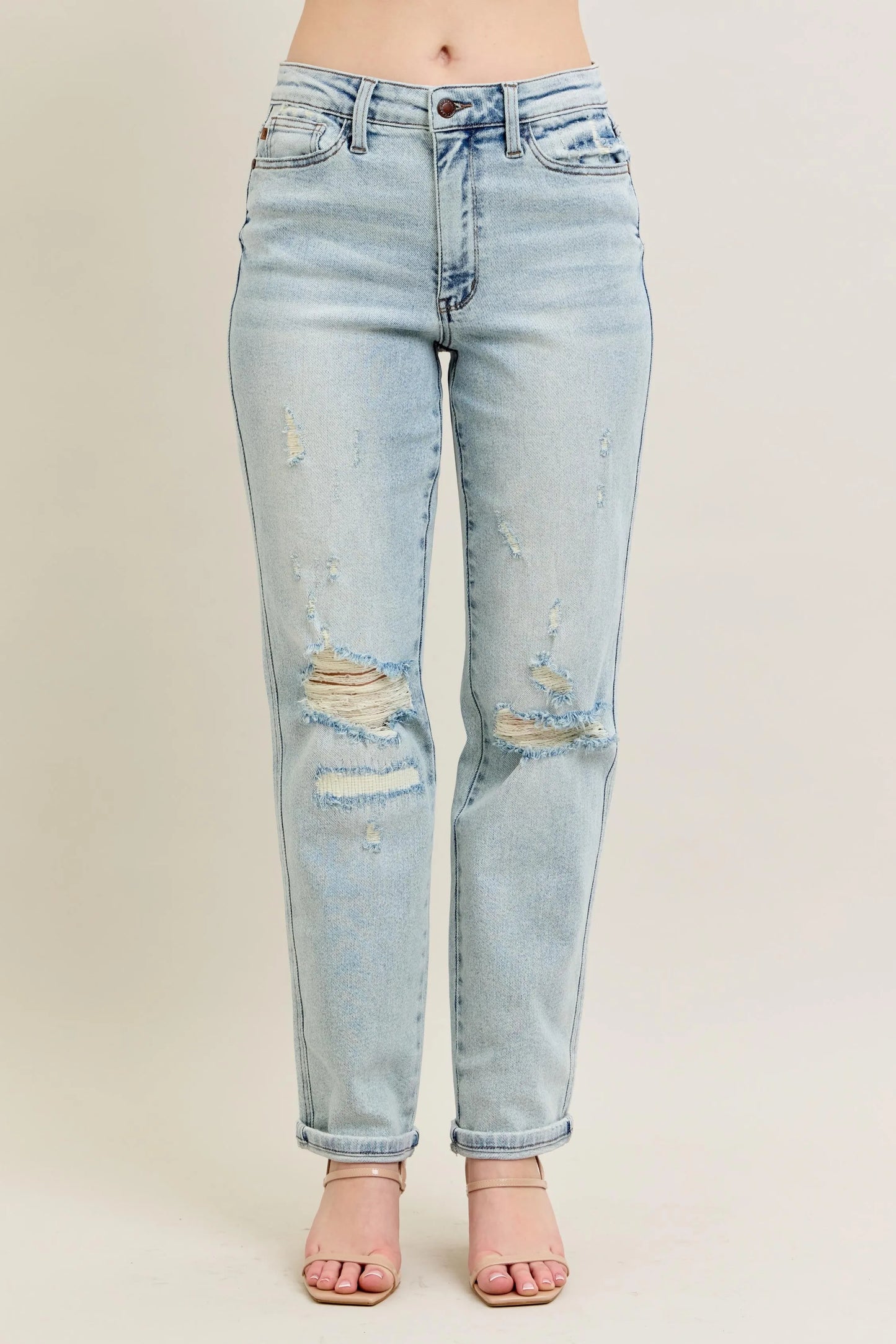 Judy Blue Destroyed Boyfriend Jeans With Single Rolled Cuff. Light Wash.