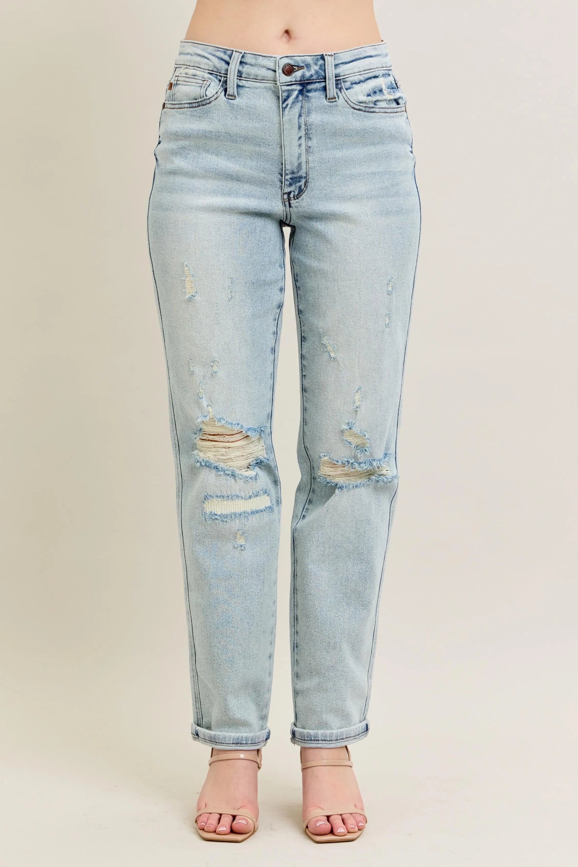 Judy Blue Destroyed Boyfriend Jeans With Single Rolled Cuff. Light Wash.
