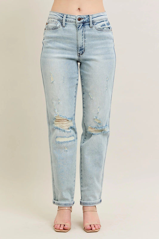 Judy Blue Destroyed Boyfriend Jeans With Single Rolled Cuff. Light Wash.