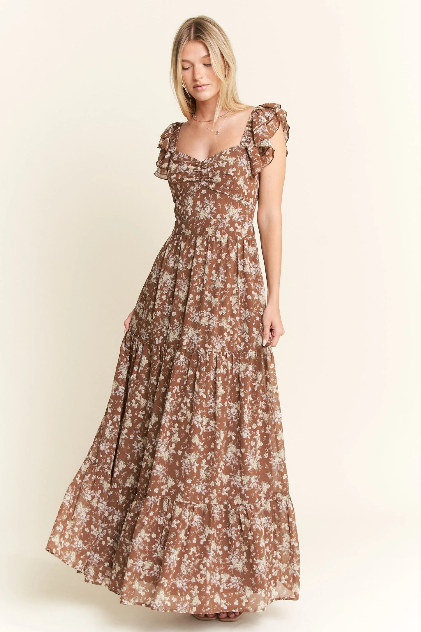 Jade By Jane Mocha Color Ruffle Sleeve Tiered Maxi Dress