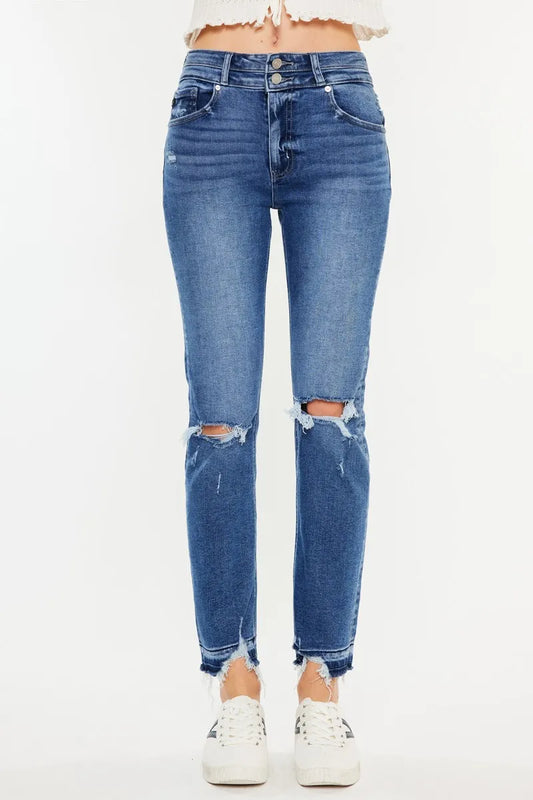 Kancan High Rise Distressed Slim Straight Jeans. Medium wash.