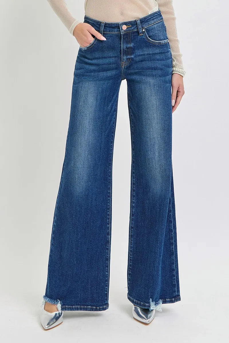 RISEN Mid Rise Wide Jeans. Dark Wash.