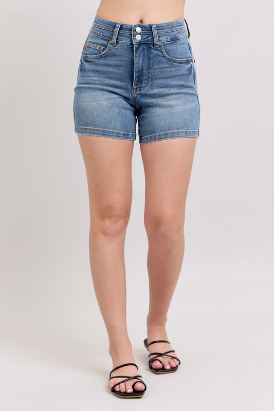 Judy Blue High Rise Tummy Control Denim Shorts Including Plus Sizes. Double button. Medium wash.