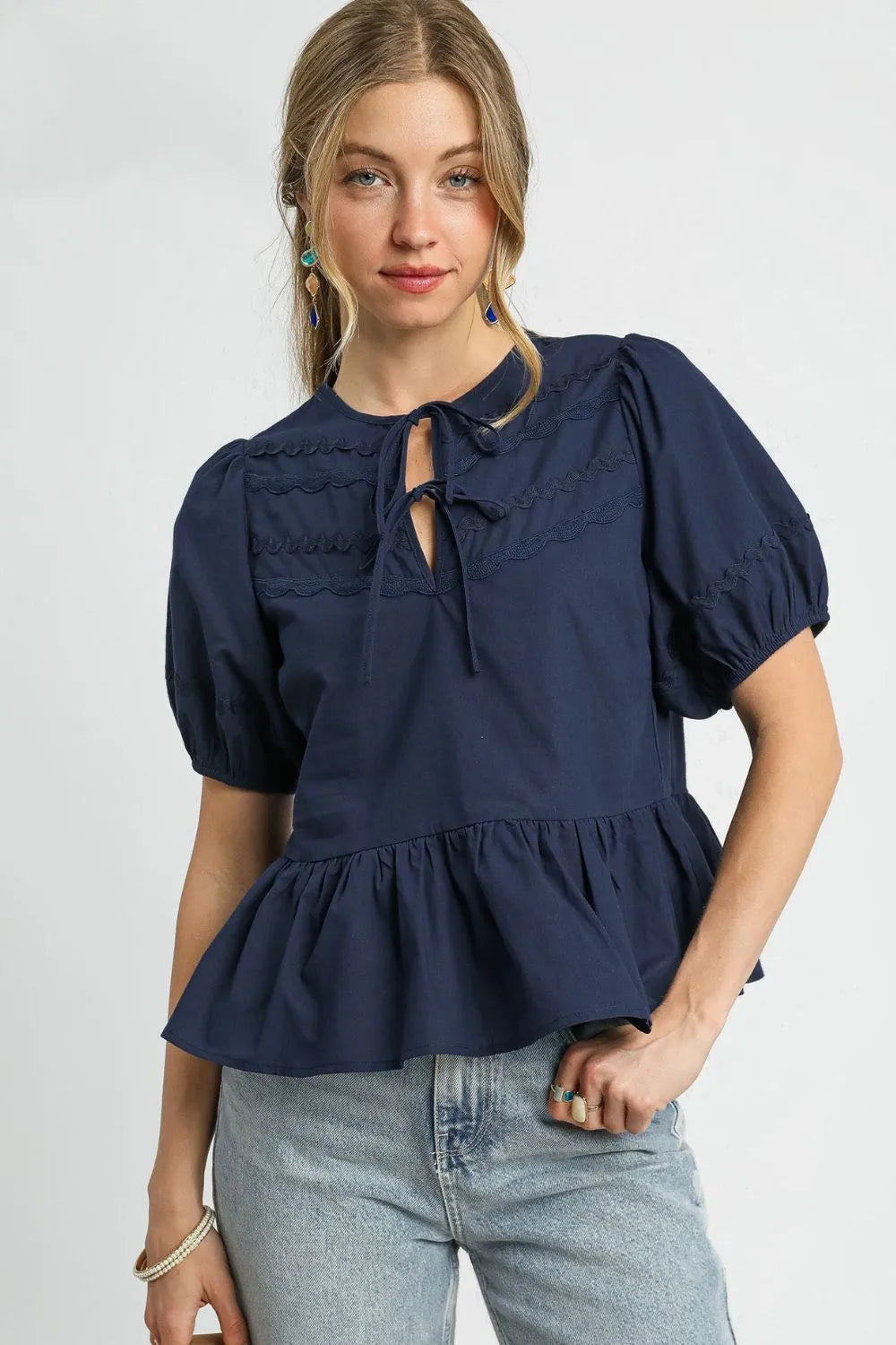 Umgee Navy Blue Tie Front Puff Sleeve Blouse