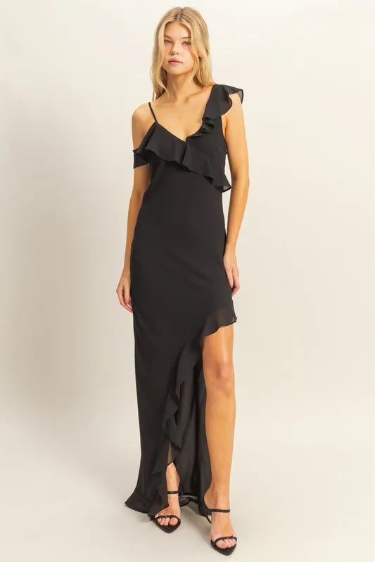 HYFVE Black Chiffon Ruffle Trim Asymmetrical Hem Midi Dress