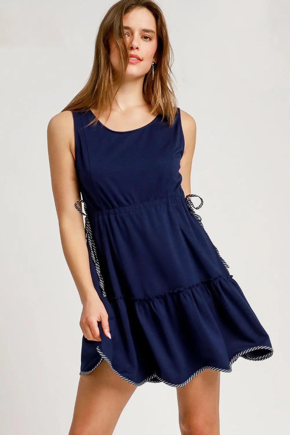 Umgee Navy Blue Drawstring Waist Round Neck Mini Tank Dress