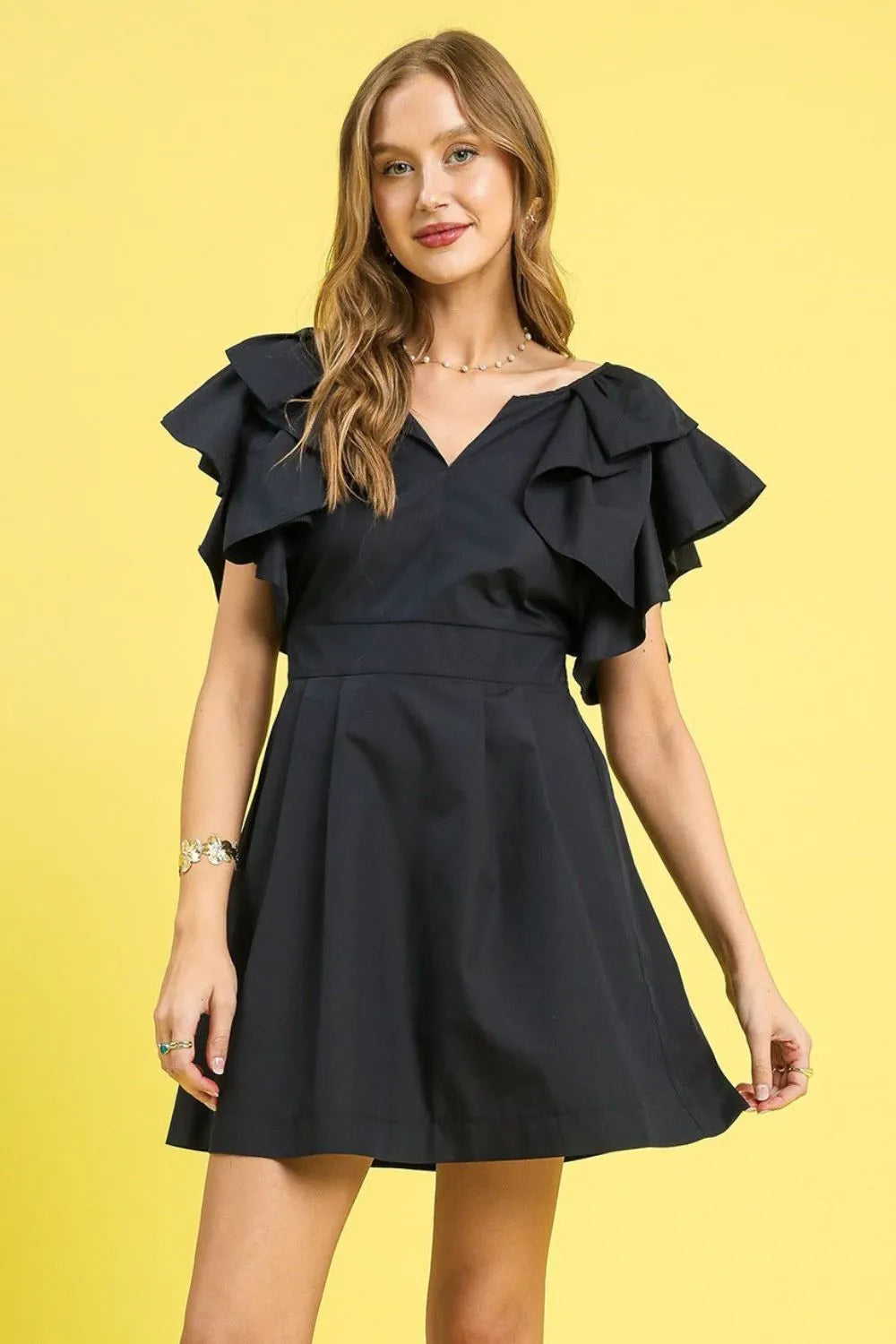 Umgee Black Double Ruffle Sleeve Fit and Flare Dress
