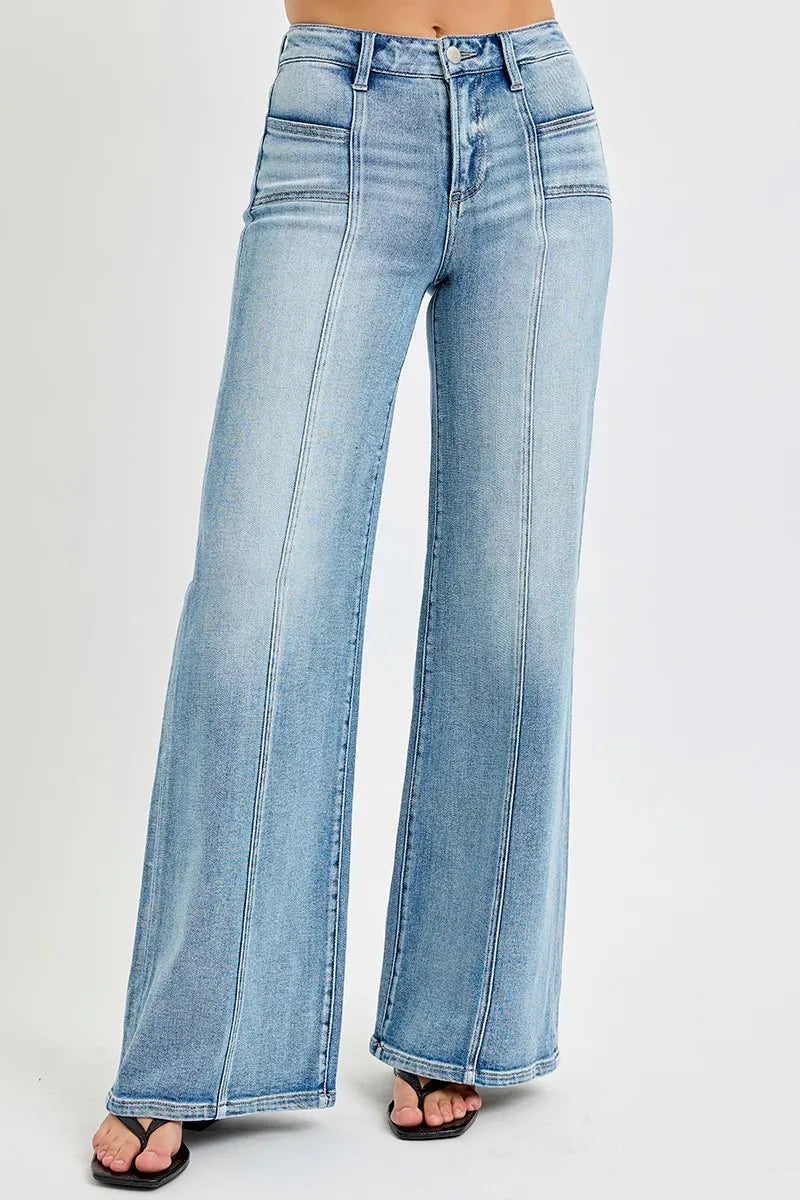 RISEN Mid Rise Wide Jeans with Front Patch Pocket. Medium Wash.