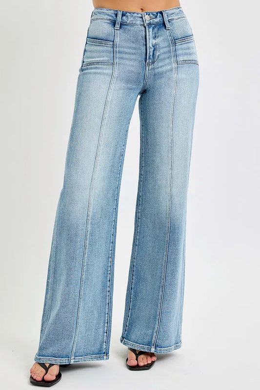 RISEN Mid Rise Wide Jeans with Front Patch Pocket. Medium Wash.