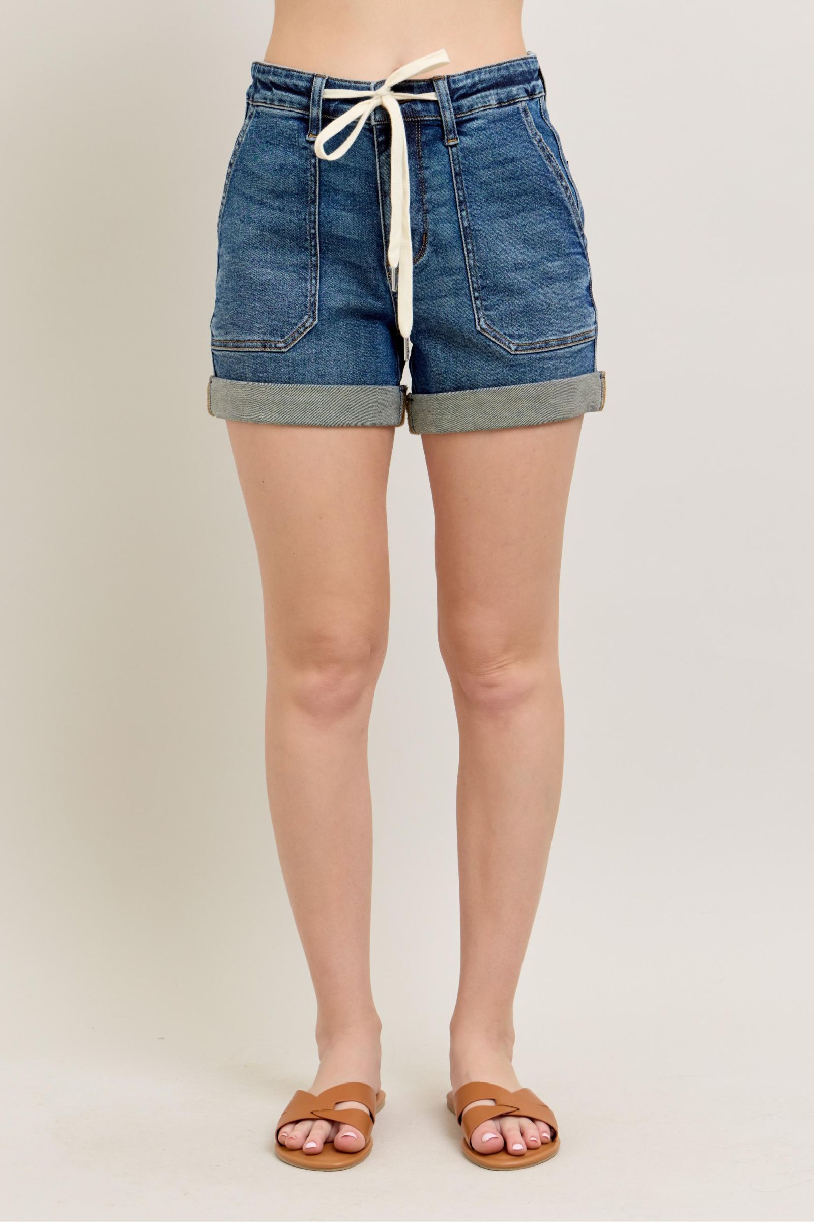 Judy Blue High Rise Cuff Denim Shorts Including Plus Sizes. Drawstring waist. Dark wash.