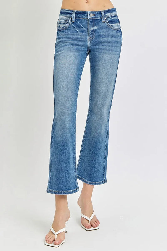 RISEN Low Rise Crop Flare Jeans. Medium Wash.