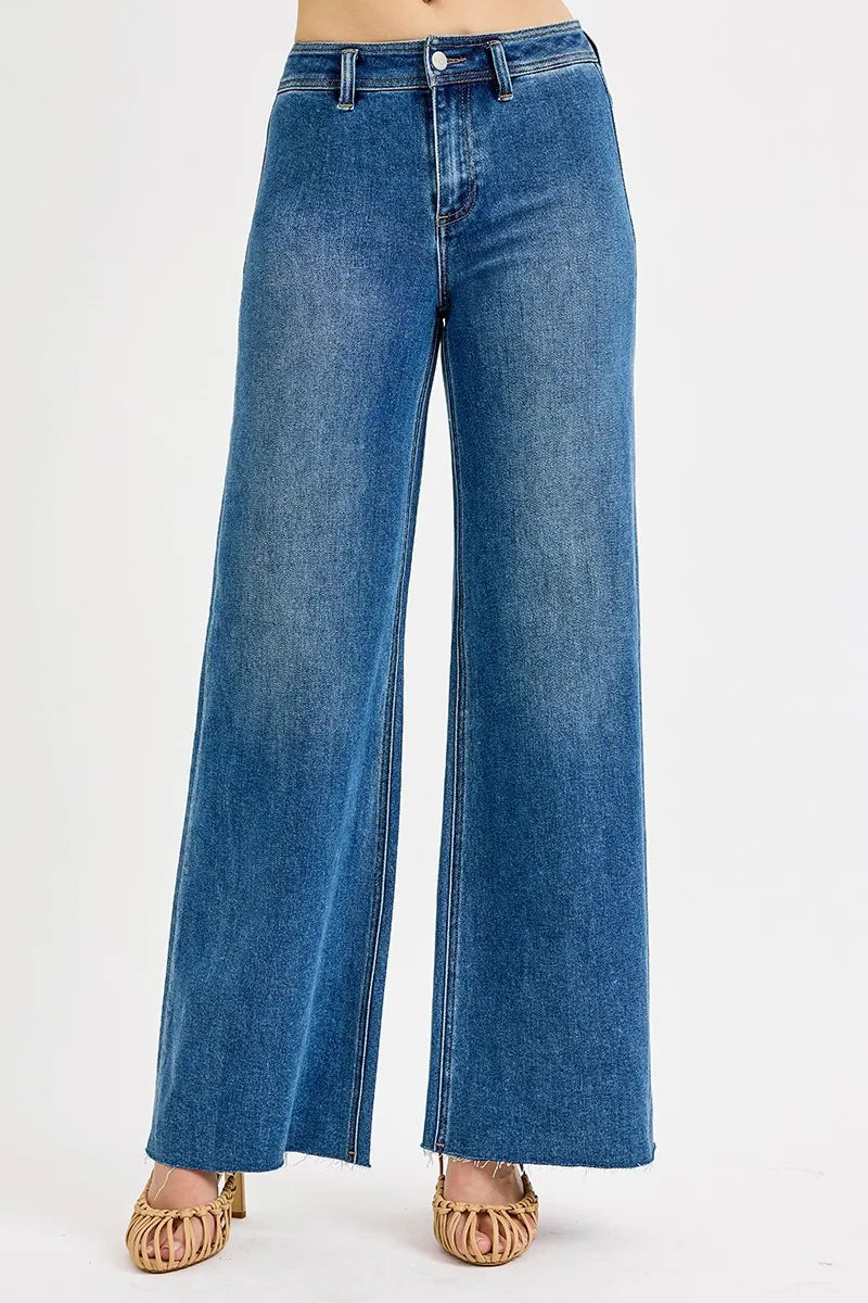 RISEN High-Waisted Wide Leg Jeans. Medium Wash.