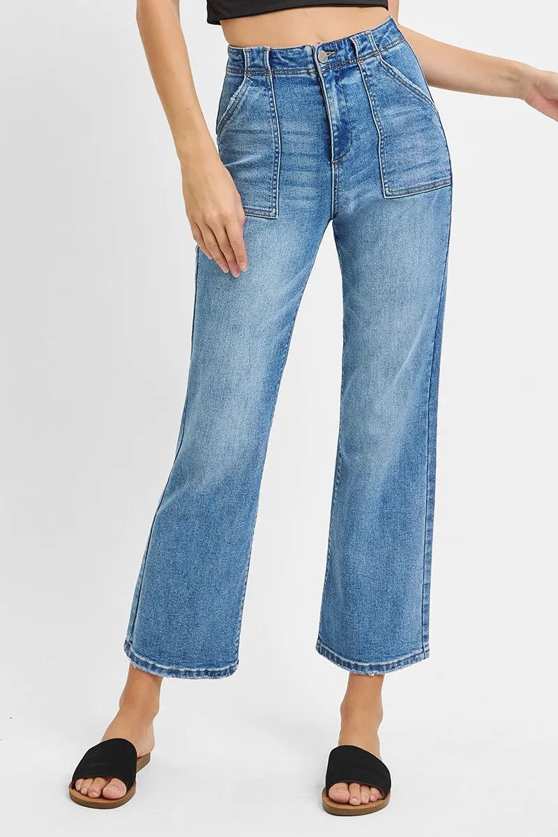 RISEN High Waisted Bootcut Cropped Jeans. Medium Wash.