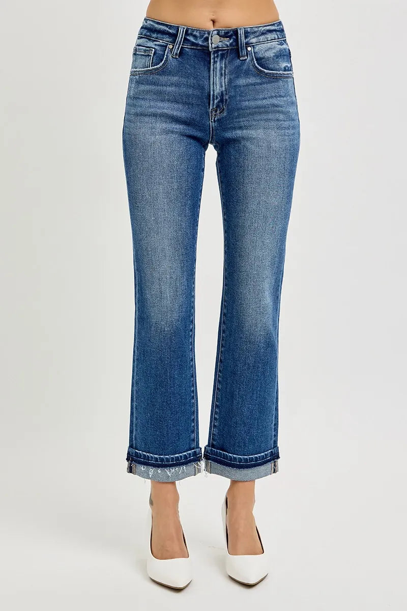 RISEN Mid Rise Ankle Straight Cuffed Jeans. Dark Wash.