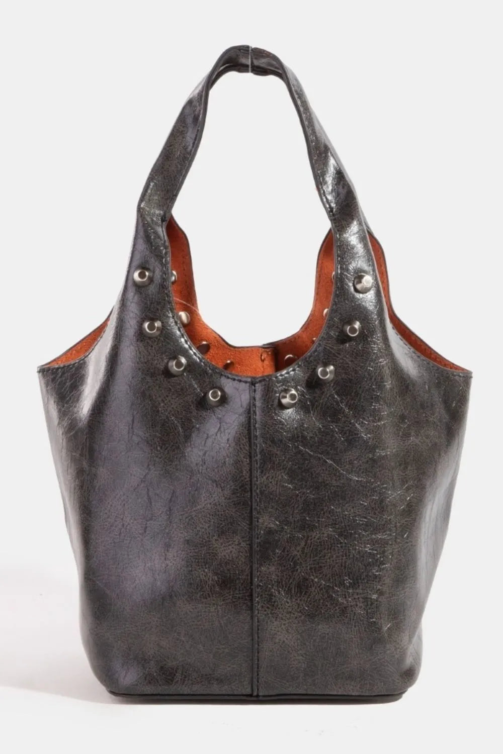 Fame Black Weathered Faux Leather And Studs Bucket Bag