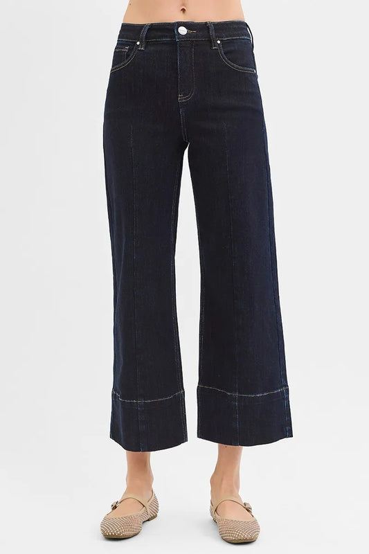 RISEN Tummy Control High Rise Crop Wide Seam Detailed Jeans. Dark Wash.
