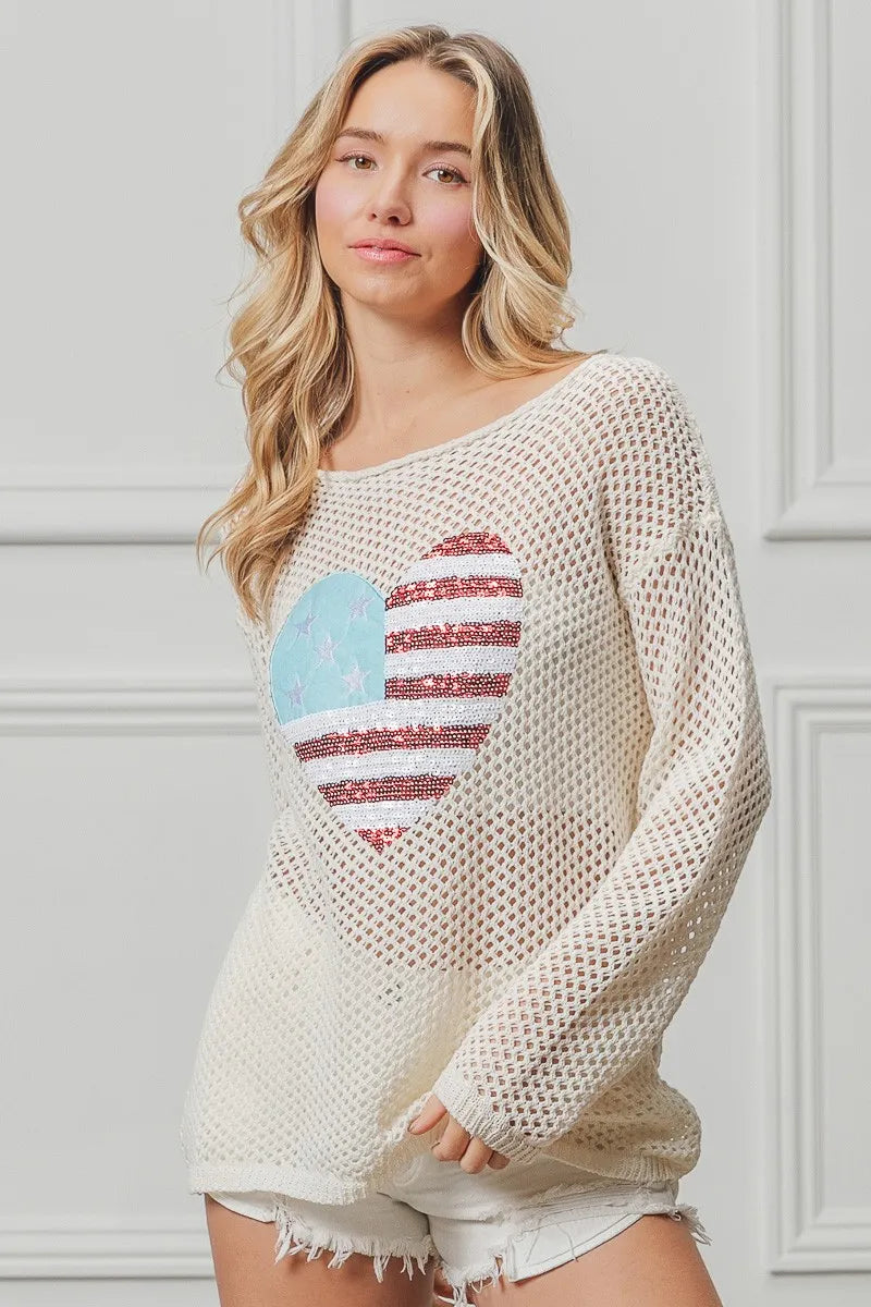 BiBi Off White Sequin American Flag Heart Knit Top.