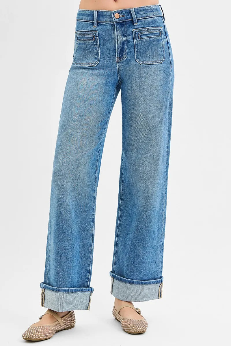 RISEN Elastic Band Mid Rise Wide Front Patch Pocket Cuff Jeans. Medium Wash.