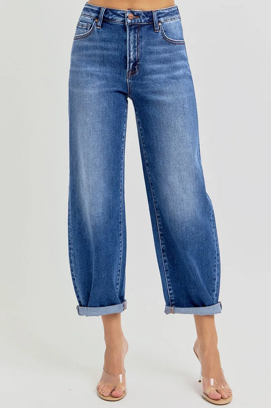 RISEN High Rise Crop Mild Barrel Jeans. Dark Wash.