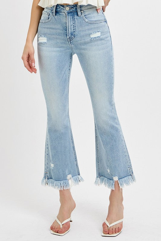 RISEN Raw Hem Distressed Cropped Flare Jeans Including Plus Sizes