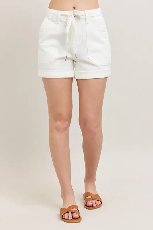 Judy Blue High Waist Cuff Denim Shorts. Drawstring waist.