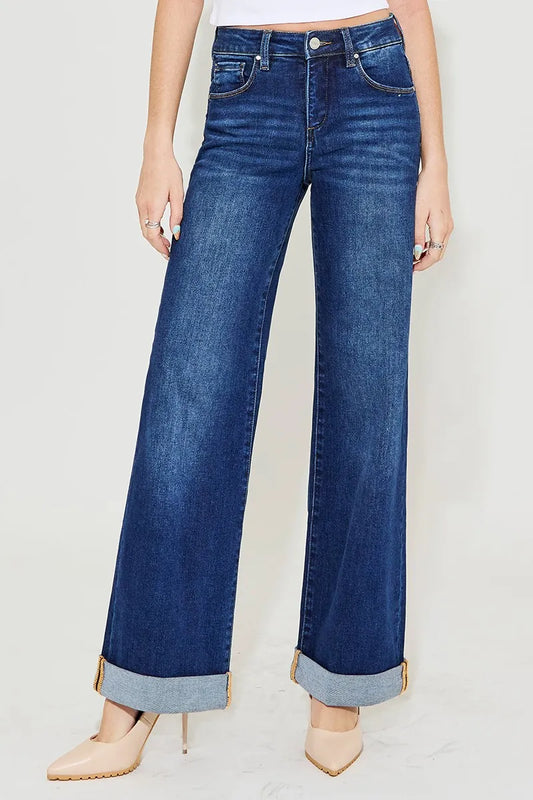 RISEN Tummy Control High Rise Wide Leg Cuffed Jeans. Dark Wash.