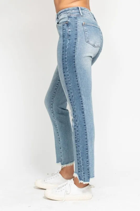 Judy Blue Vintage Wash Side Panel Detail with Fray Hem Slim Fit Including Plus Sizes