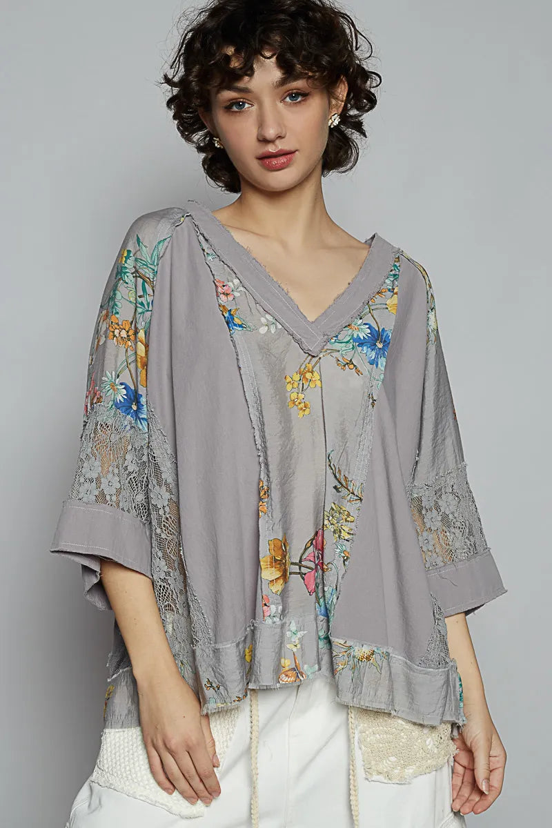 POL Dark Gray Floral V-Neck Raw Edge T-Shirt with Lace Detail