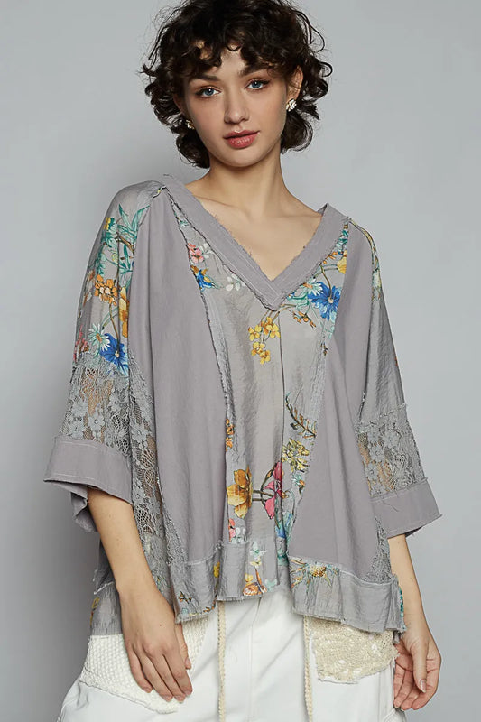 POL Dark Gray Floral V-Neck Raw Edge T-Shirt with Lace Detail