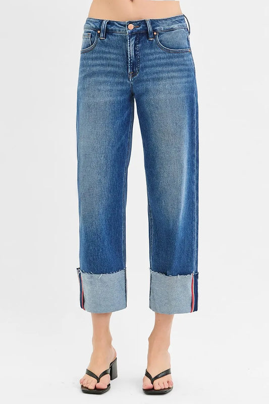 RISEN Tummy Control Mid Rise Crop Wide Cuffed Jeans. Dark Wash.