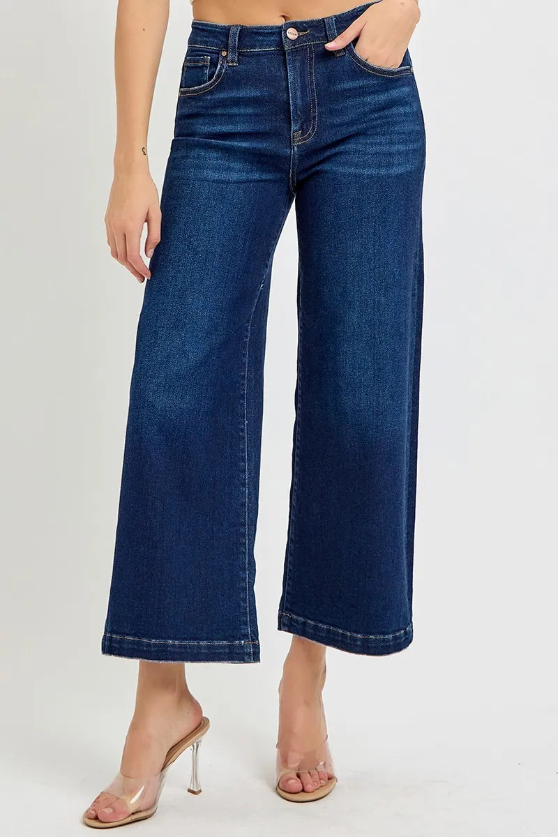 RISEN High Rise Crop Wide Leg Jeans. Dark Wash.