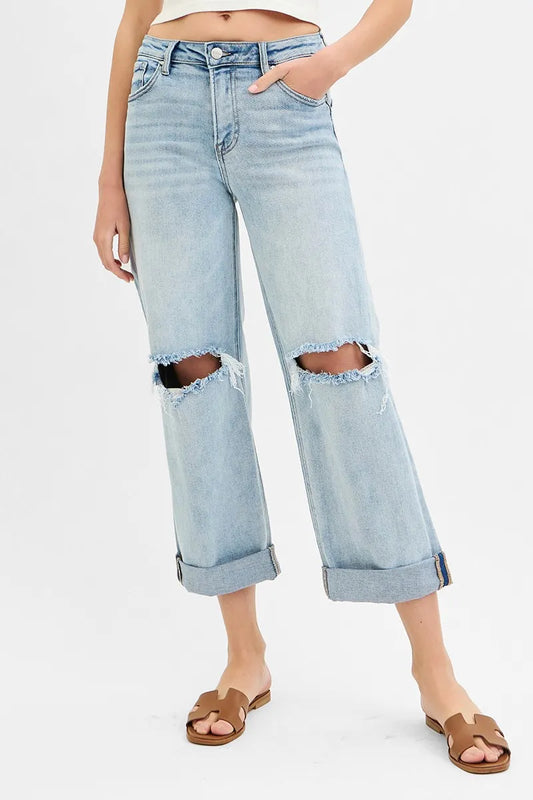 RISEN Mid Rise Fit Boyfriend Jeans with Cuff. Light Wash.