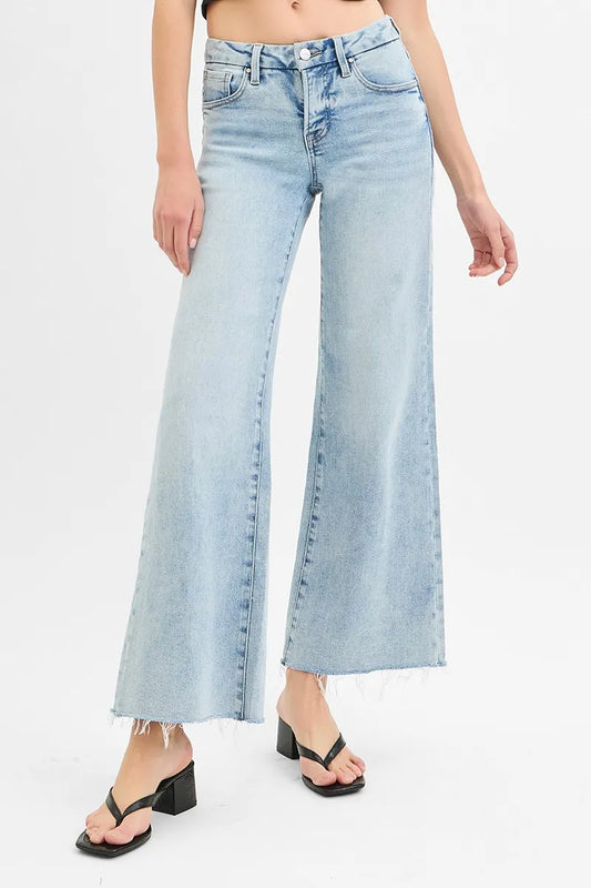 RISEN Tummy Control Low Rise Wide Leg Raw Cut Hem Jeans. Light Wash.