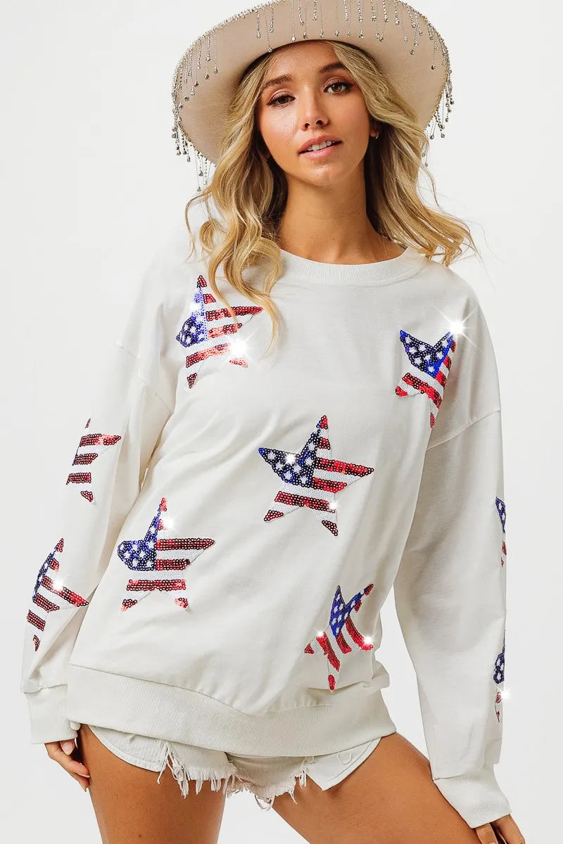 BiBi American Flag Sequin Star Sweatshirt. Off White with American Flag Sequin Stars.
