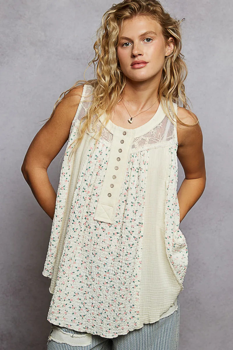 POL Floral Print Button-Front Lace Patchwork Tank Top