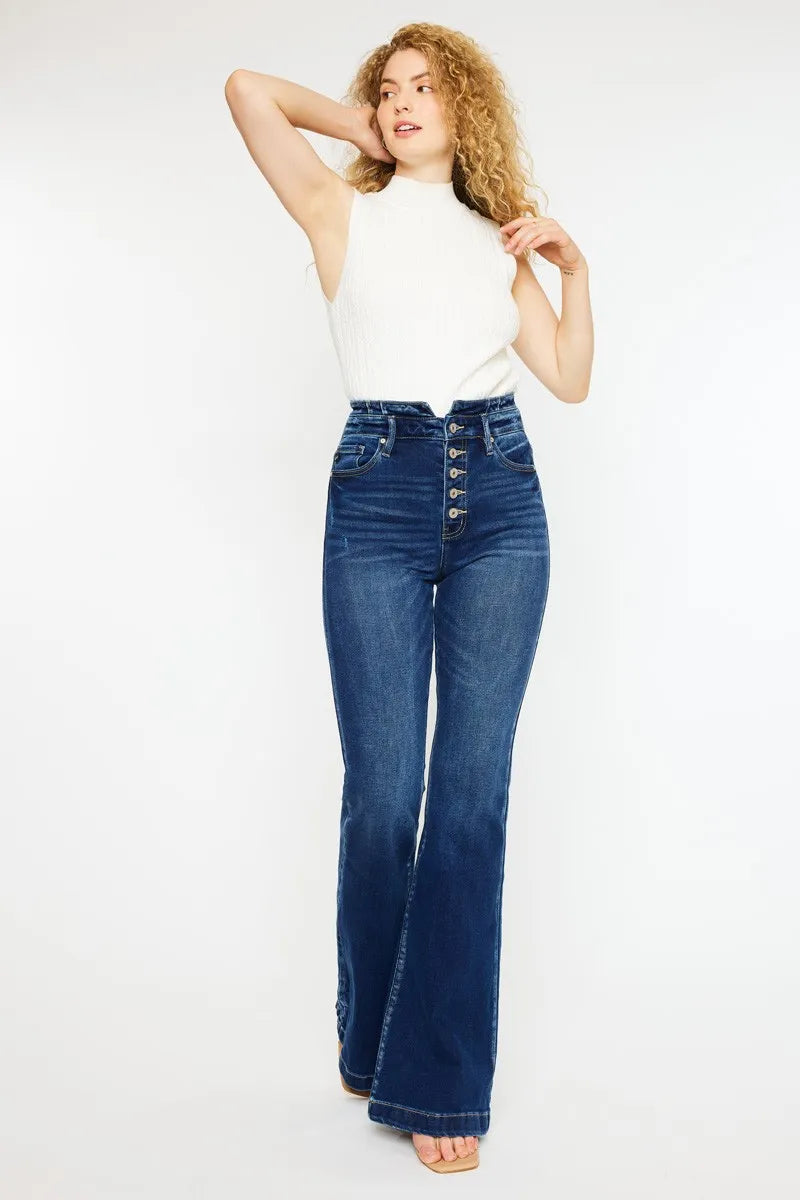 Kancan Button Fly High Rise Flare Jeans. Dark Wash.