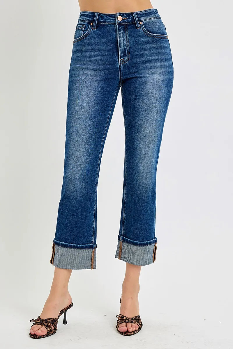 ISEN High Rise Ankle Straight Cuffed Jeans. Dark Wash.