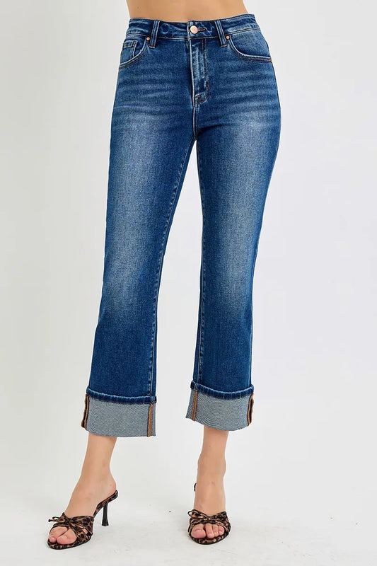 ISEN High Rise Ankle Straight Cuffed Jeans. Dark Wash.