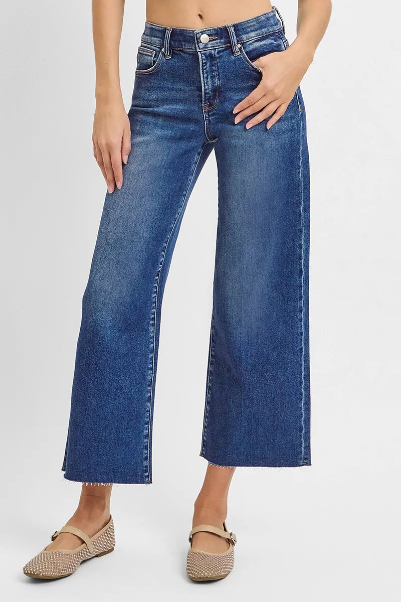 RISEN Raw Hem Wide Leg Cropped Jeans. Dark Wash.