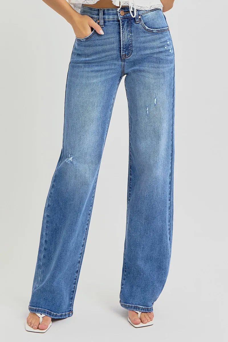 RISEN Tummy Control Elastic Band High Rise Wide Leg Jeans. Medium Wash.