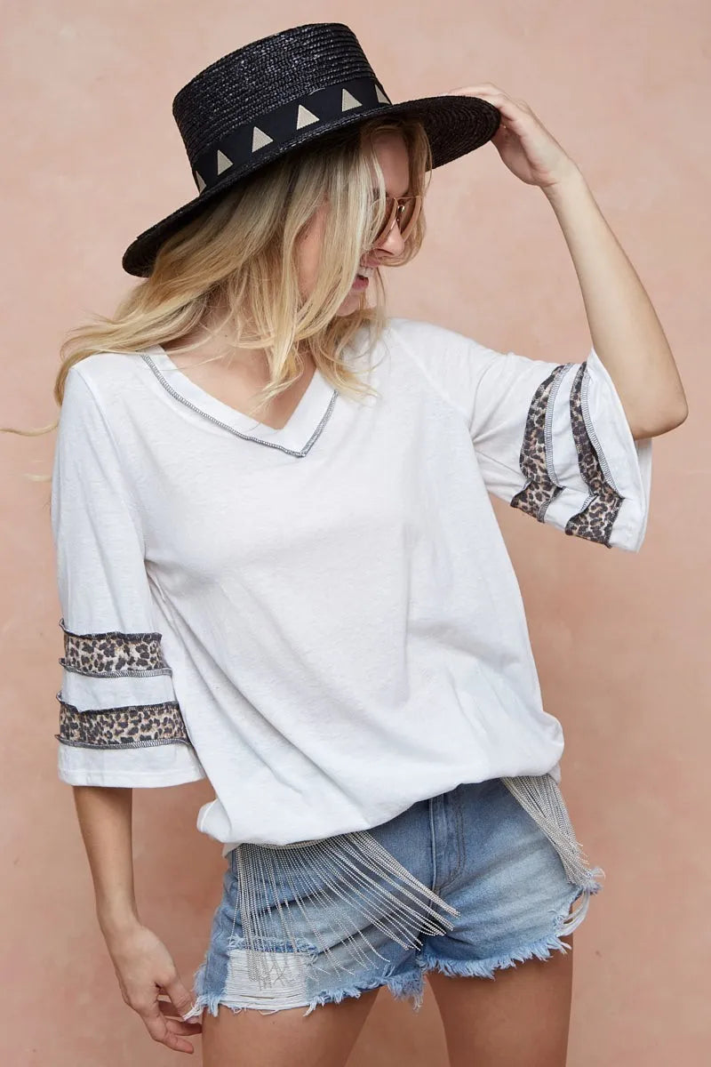 BiBi Ivory Knit Top with Leopard Band Sleeve Detail