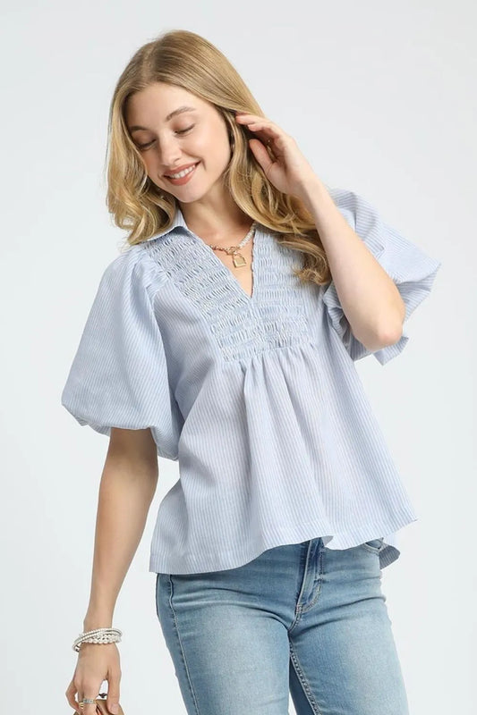 Umgee Light Blue Striped Smocked Puff Sleeve Blouse