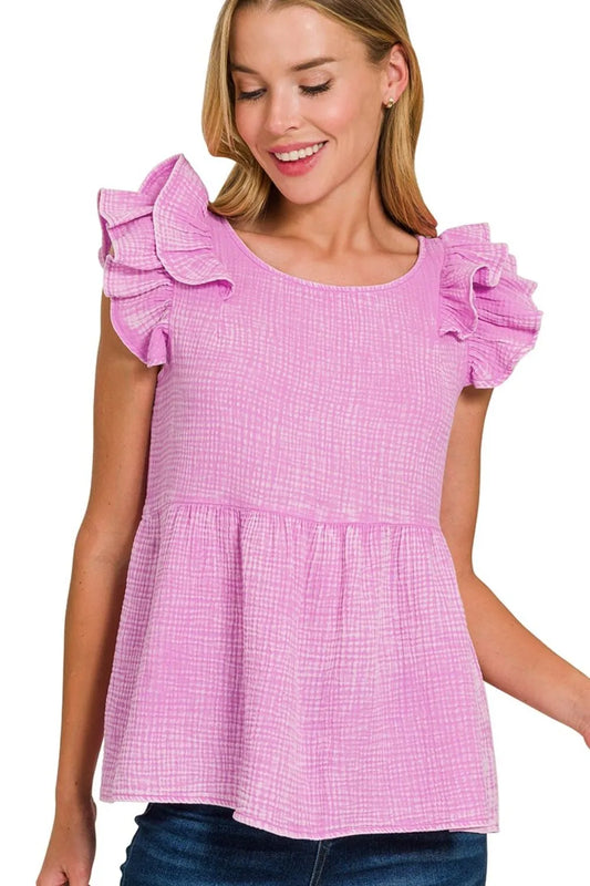 Zenana Pink Candy Ruffle Sleeve Peplum Top