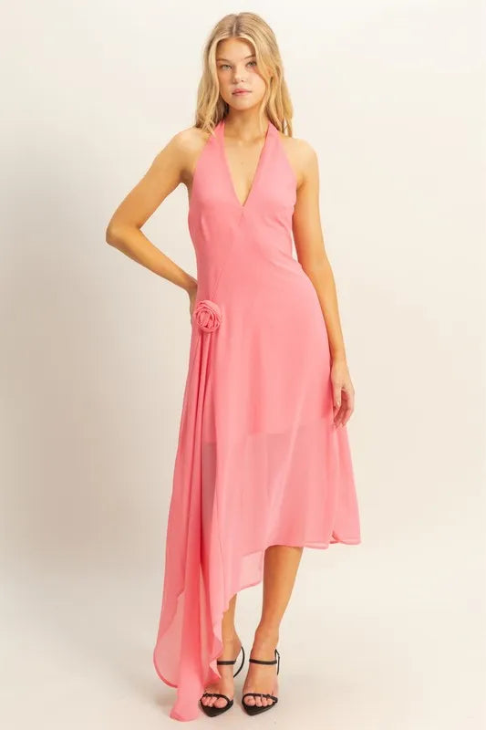 HYFVE Rose Color Chiffon Halter Asymmetrical Hem Dress