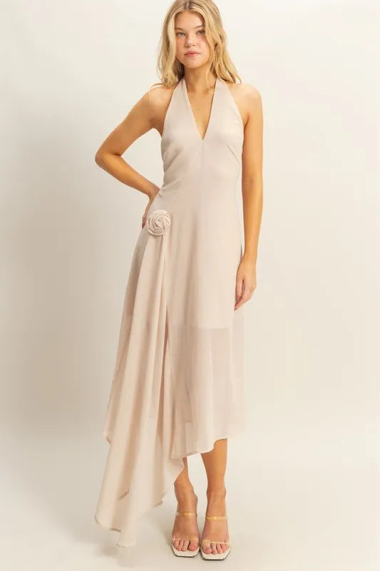 HYFVE Champaign Chiffon Halter Asymmetrical Hem Dress